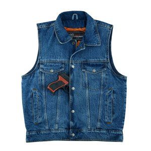 Men's Blue Denim Vest with Collar and concealed carry pocket